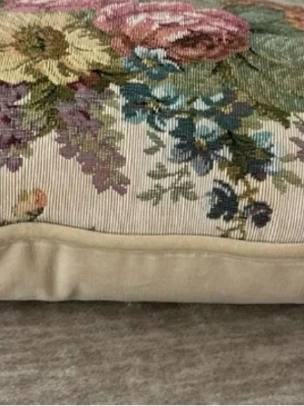 Floral Tapestry Decorative Pillow - Pink, Green, Cream with velvet backing